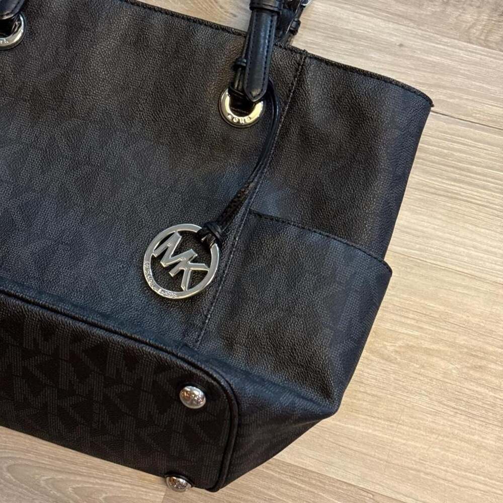 Michael Kors Jet Set Signature MK Logo Tote Handbag Black - Picture 3 of 4